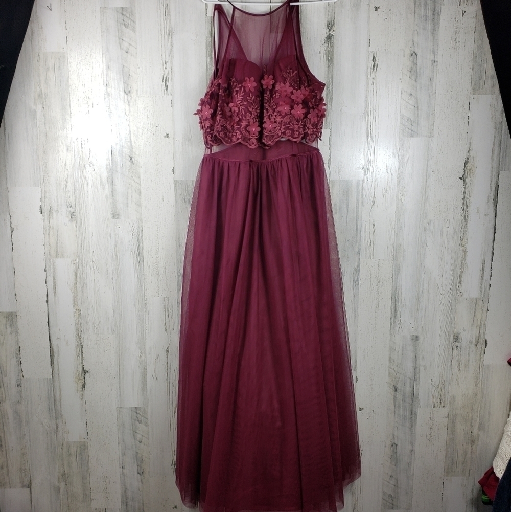 New teeze me burgundy lace flower spaghetti strap formal dress women's size 14
